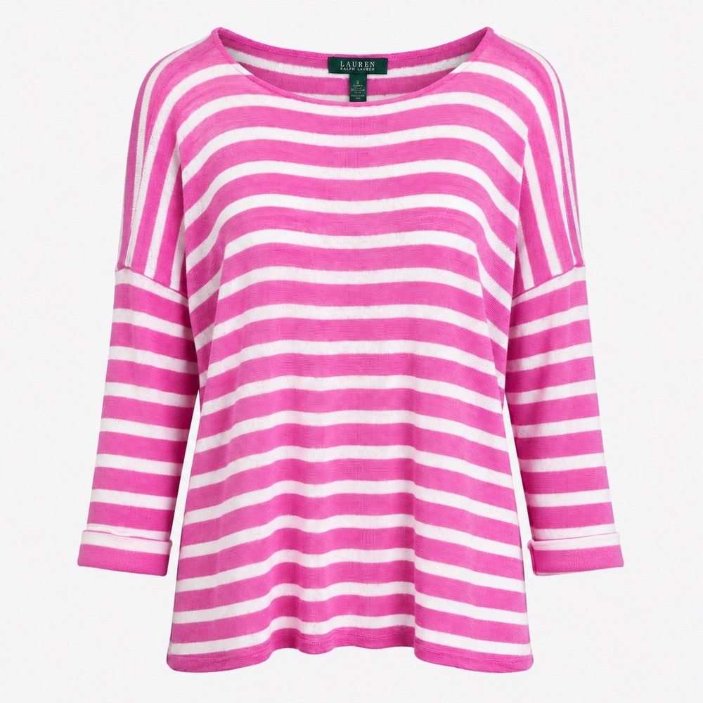 Lauren Ralph Lauren Pink White Striped 100% Linen Knit Sweater Boat Neck Large L